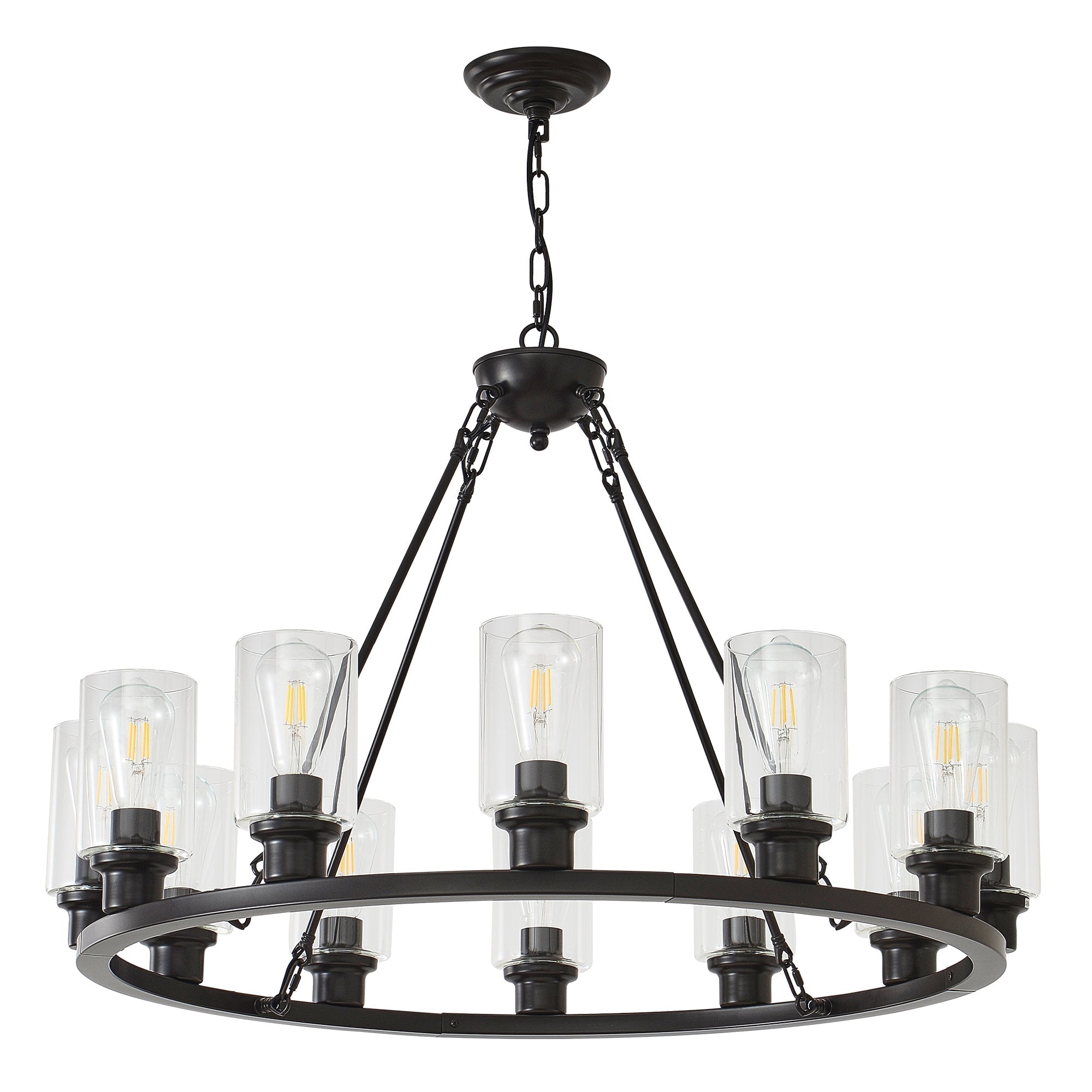 12-Light Black Wagon Wheel Chandelier, 31.5" Modern Farmhouse Glass Pendant