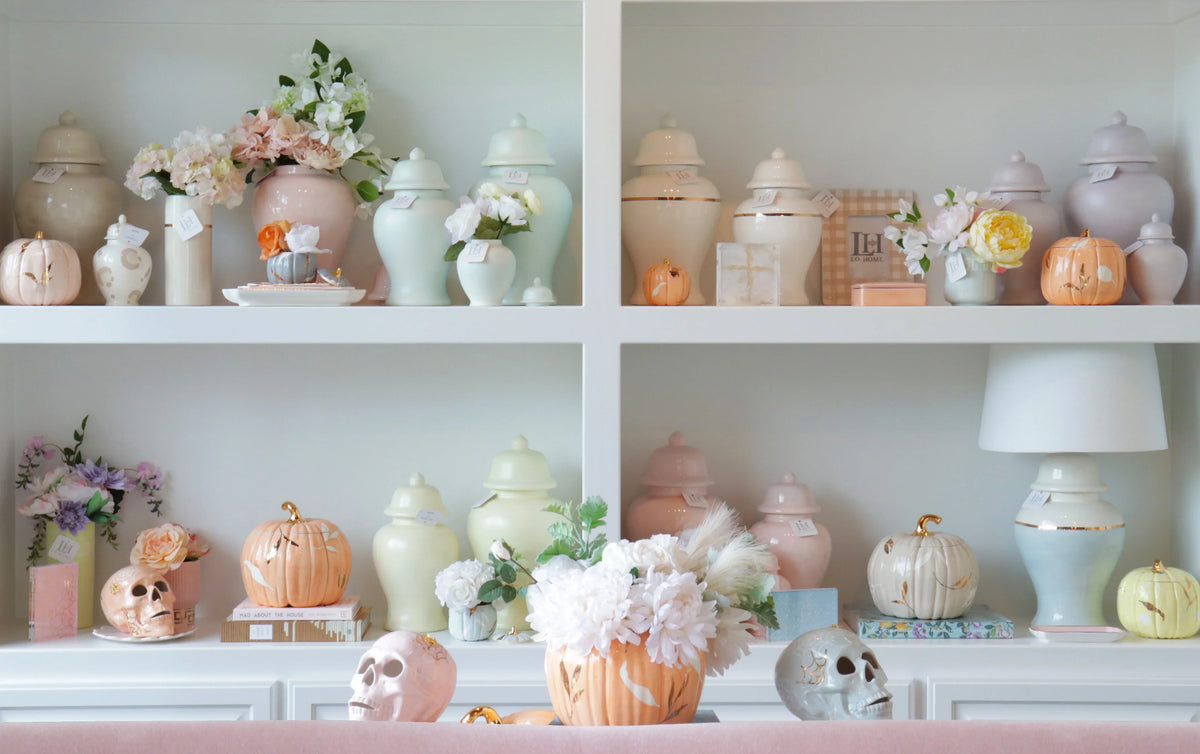 Layered Leaves Pumpkin Jars with 22K Gold Accents in Yellow