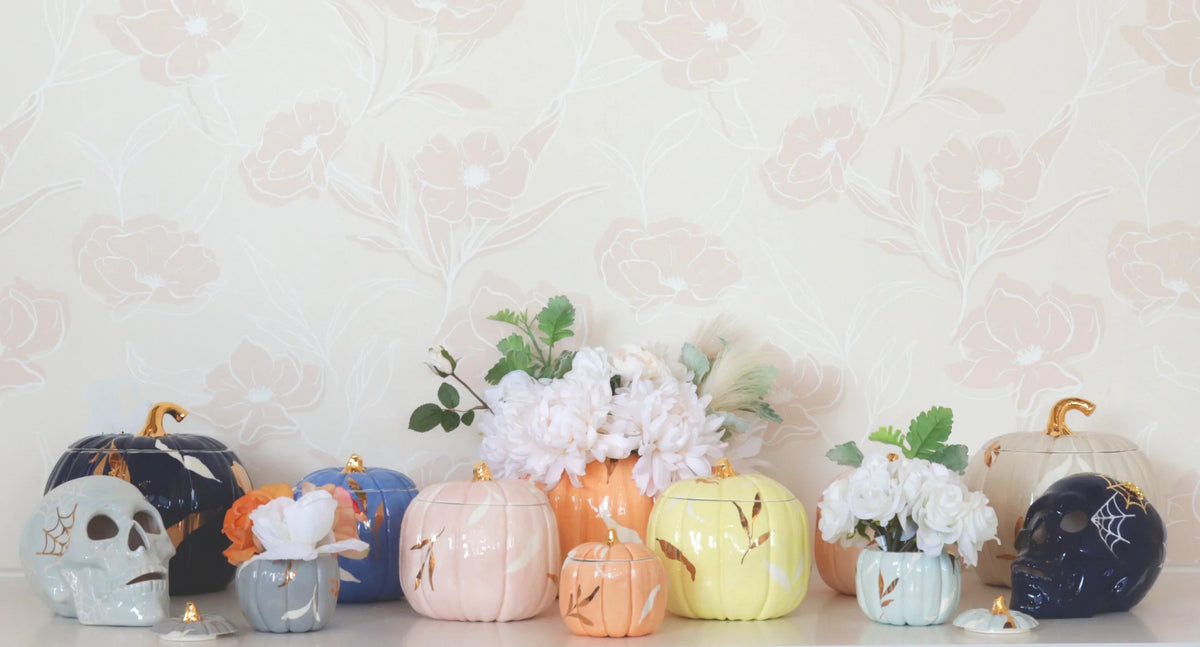 Layered Leaves Pumpkin Jars with 22K Gold Accents in Light Blue