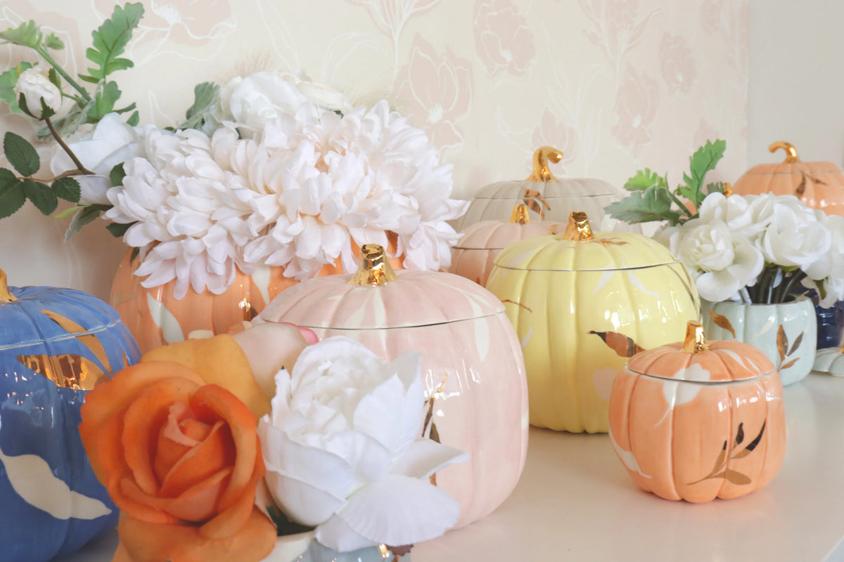 Layered Leaves Pumpkin Jars with 22K Gold Accents in Sheer Orange