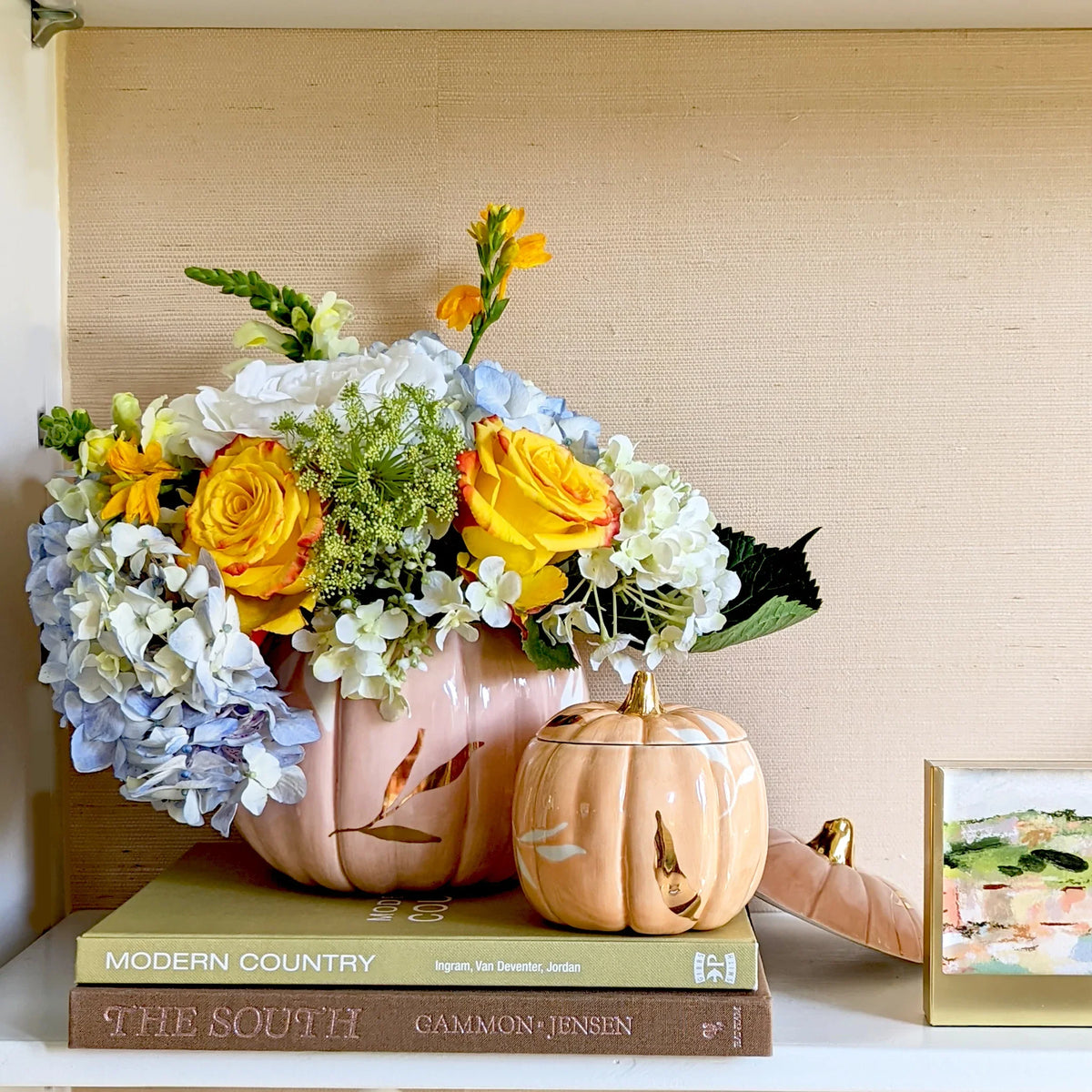 Layered Leaves Pumpkin Jars with 22K Gold Accents in Sheer Orange