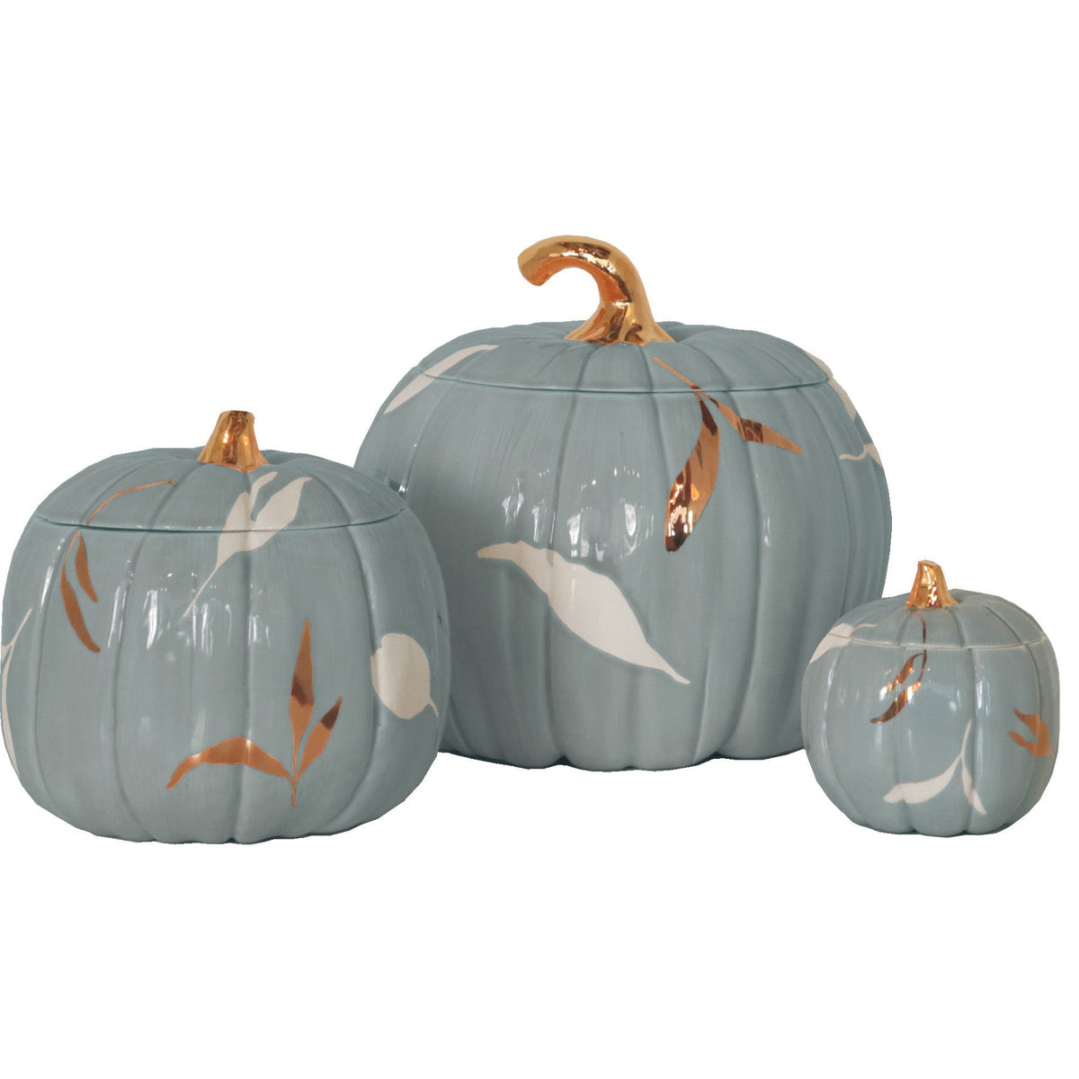 Layered Leaves Pumpkin Jars with 22K Gold Accents in Lamb's Ear