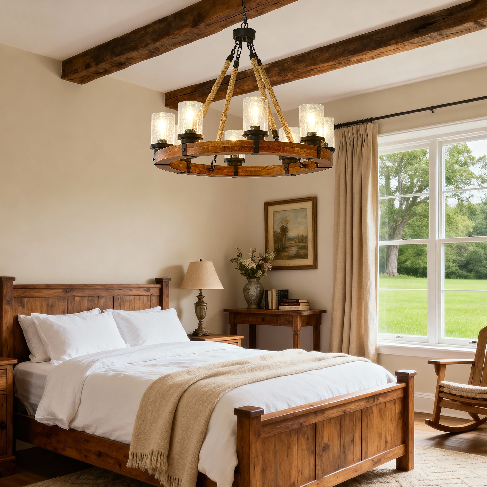 8 Light Rustic Wagon Wheel Chandelier, 31" Wooden Pendant Light with Seeded Glass Shade