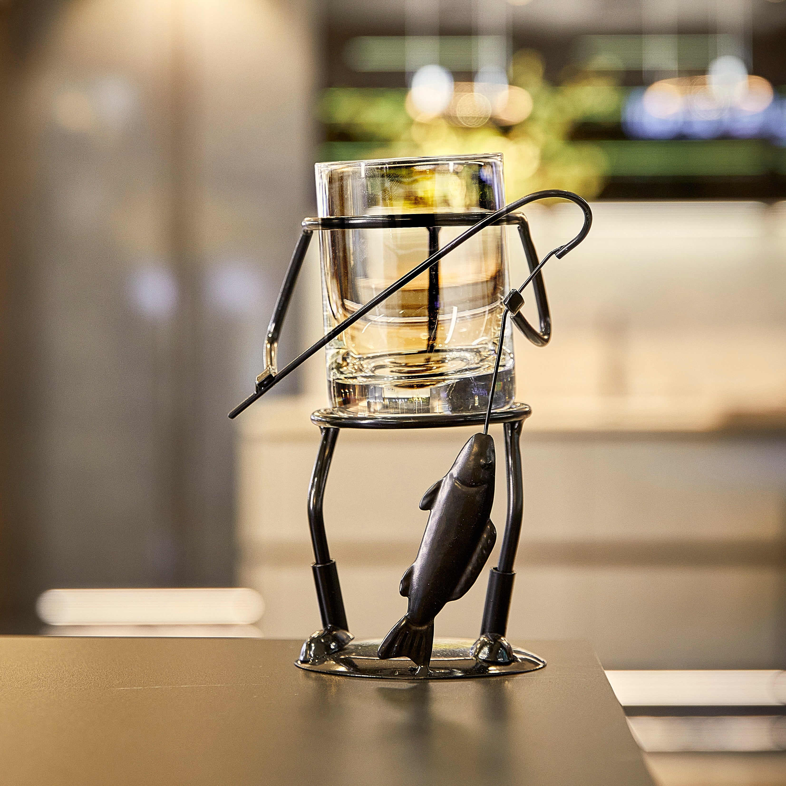 Fisherman Fishing Whiskey Wine Water Glass Glass Metal Cup Holder Hook Line Whiskey Scotch Liquor Cu
