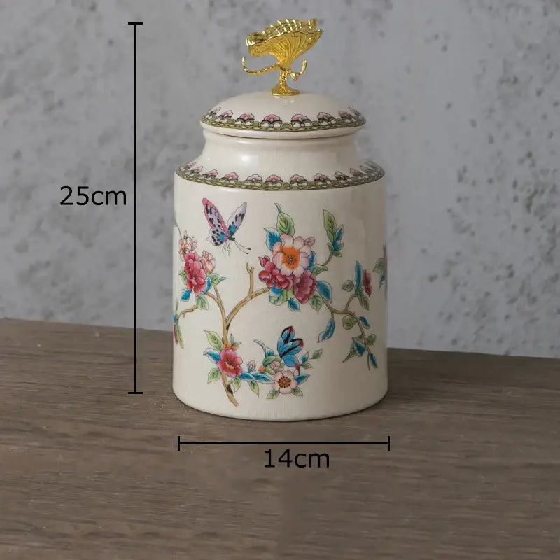 Floral ceramic storage jar with dragonfly lid bedroom jewelry box