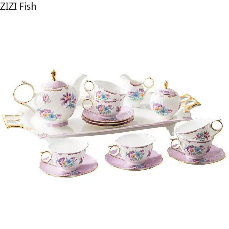 Floral pink & purple porcelain coffee mug set dining room gold trim
