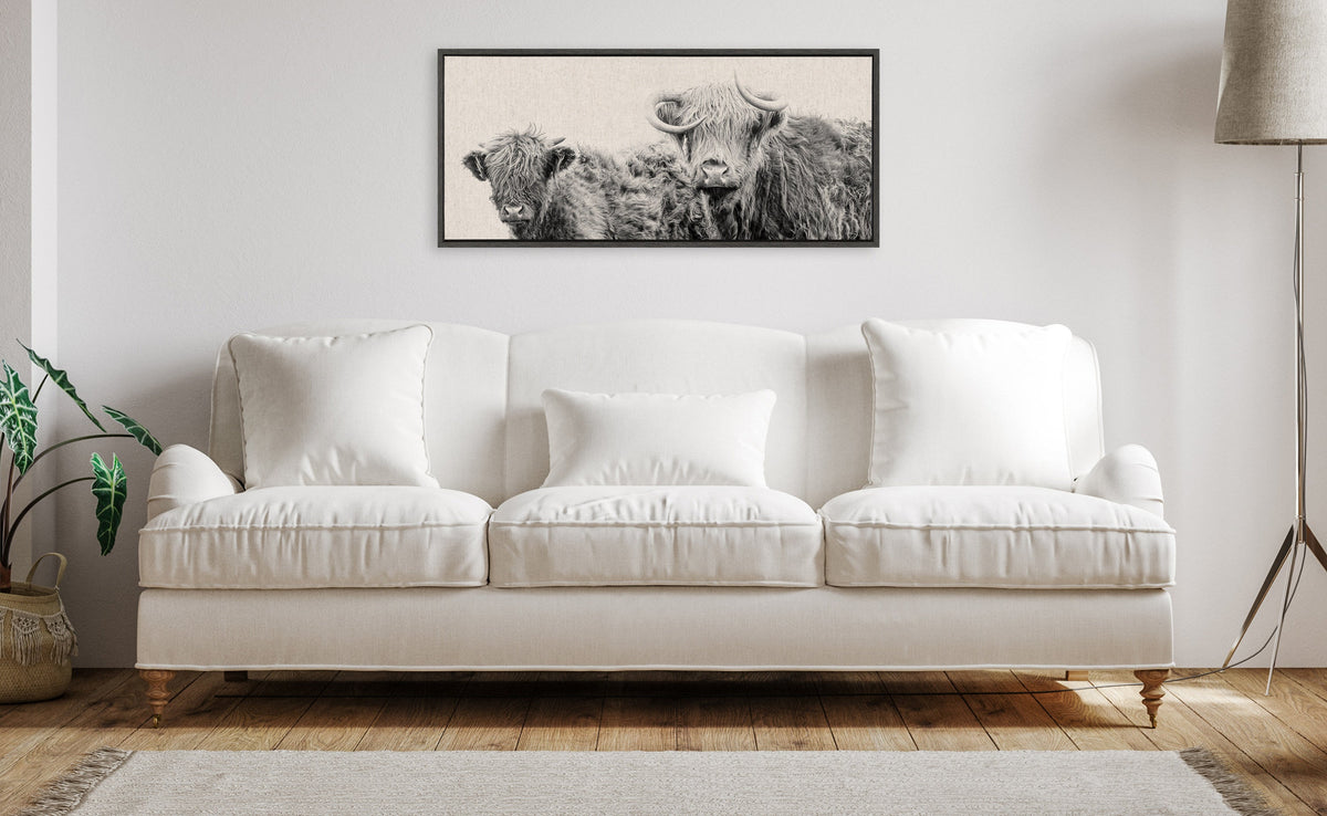 Sylvie Two Highland Cow Best Friends Neutral Linen Bright Framed Canvas by The Creative Bunch Studio