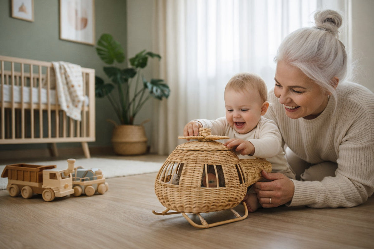 Rattan Toy Helicopter – Handcrafted Boho Pretend Play Toy for Kids | Montessori Airplane Nursery Decor