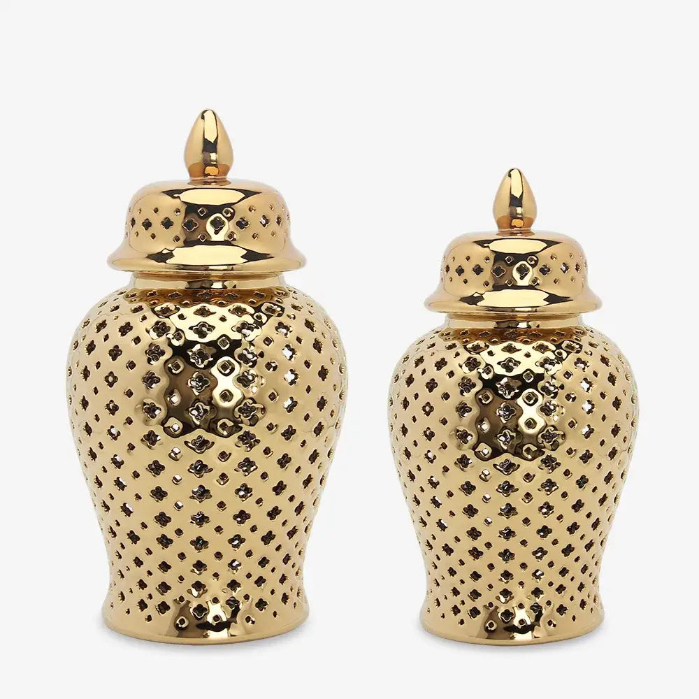 Golden ceramic ginger jar with cutouts living room decor storage pot
