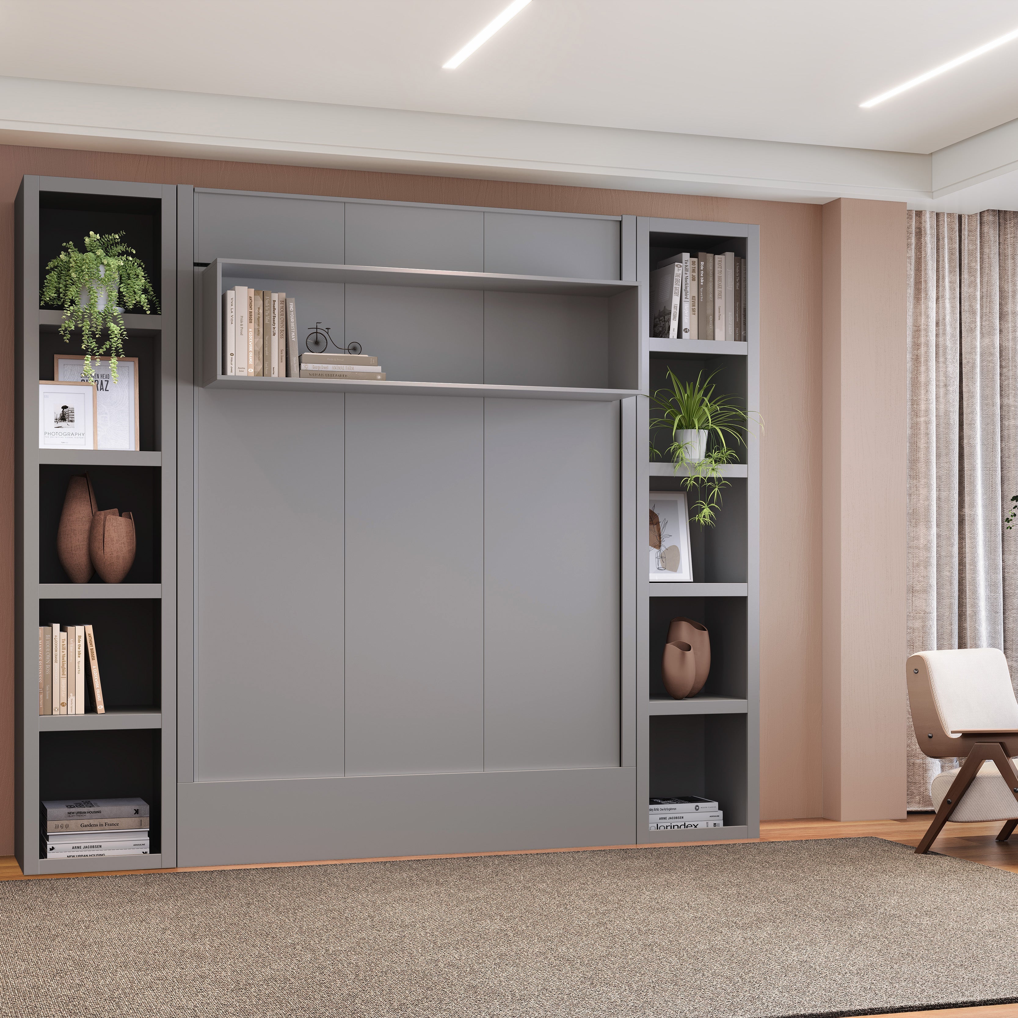 Easy-Lift Full Murphy Wall Bed in Grey with Two Bookshelves