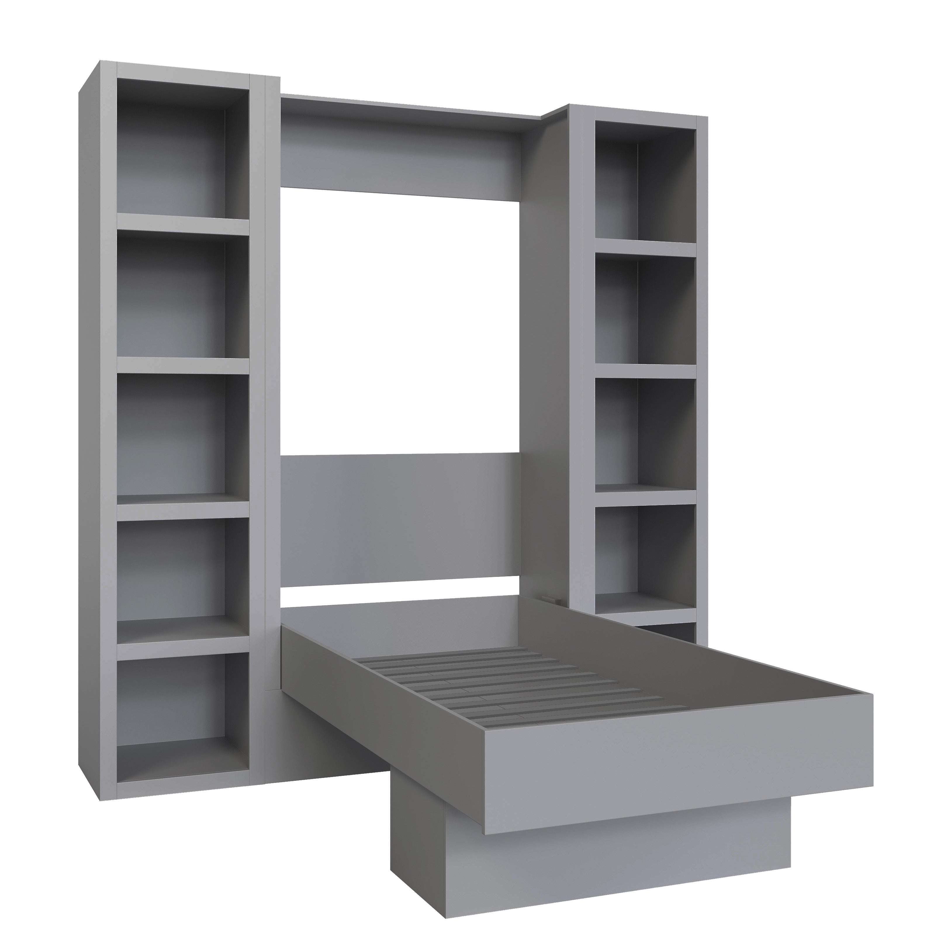 Easy-Lift Twin Murphy Wall Bed in Grey with Two Bookshelves