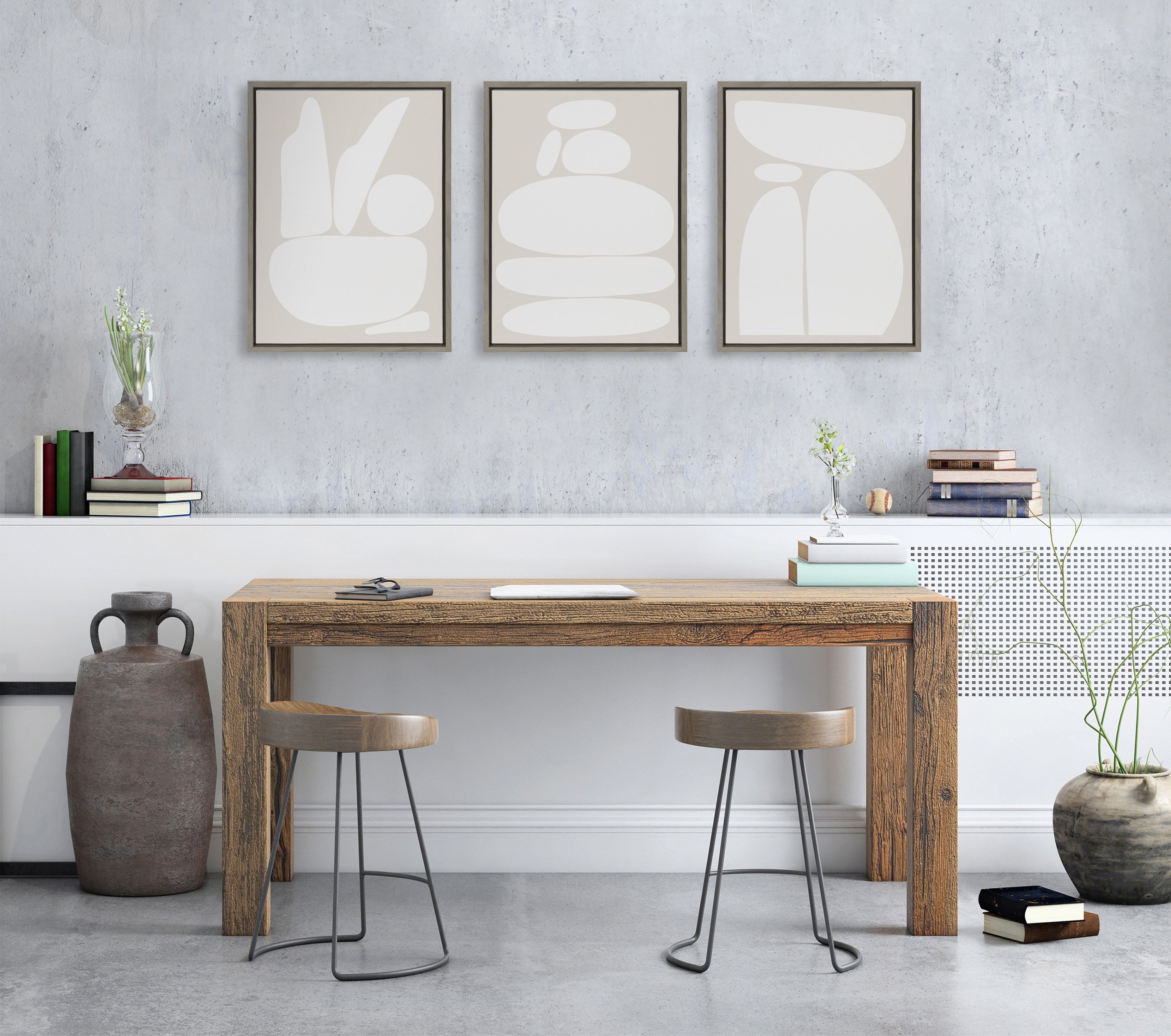 Sylvie Zen Rock Garden Neutral Framed Canvas Set by The Creative Bunch Studio