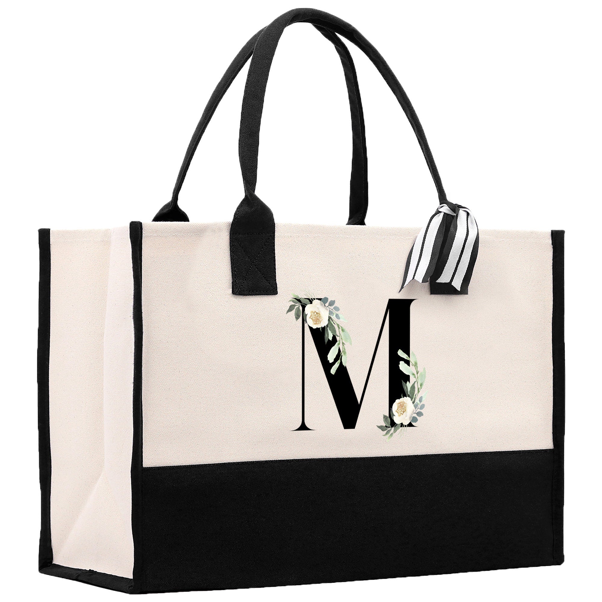 Floral Monogram Cotton Canvas Tote Bag Personalized Bridesmaid Gift Bag Wedding Birthday Gift Custom Name Tote Maid of Honor Wedding Gift