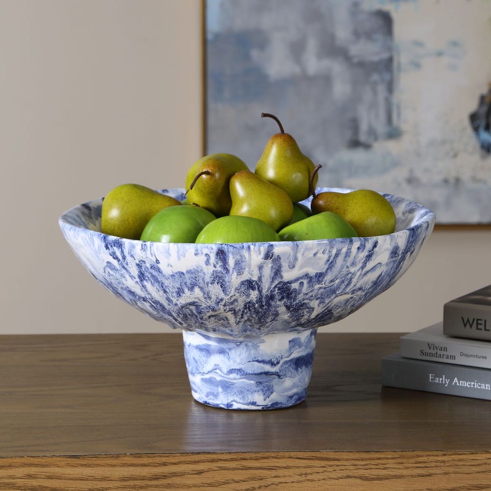 Indigo Tides Marbled Ceramic Pedestal Bowl