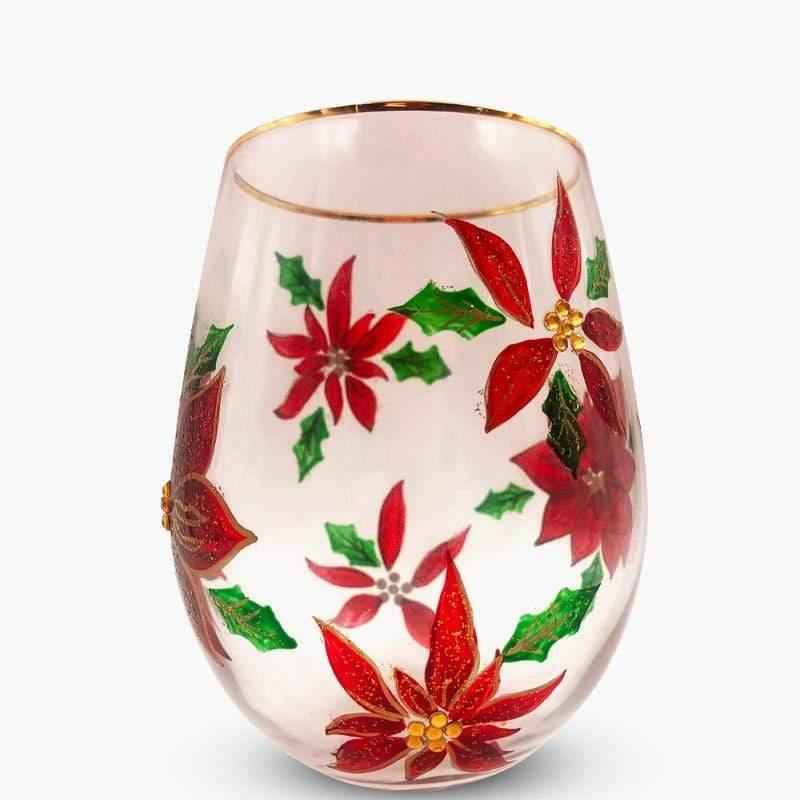 Painted Poinsettia Stemless Wine Glasses