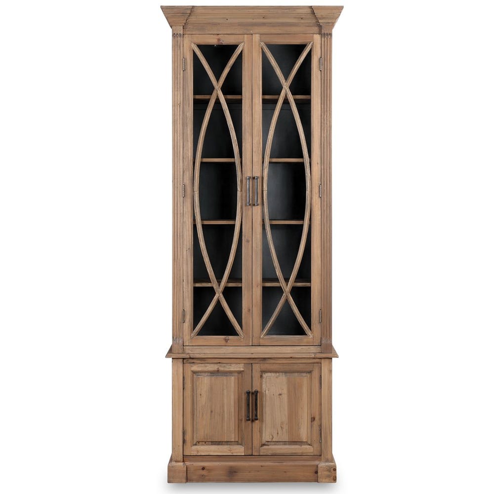 Front view of tall wood display cabinet with decorative glass doors