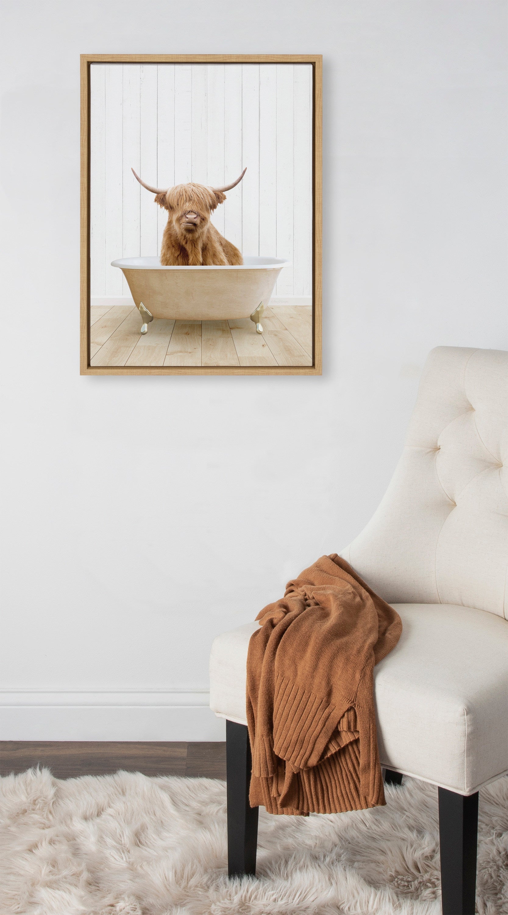 Sylvie Highland Cow Farmhouse Bath Framed Canvas by Amy Peterson Art Studio