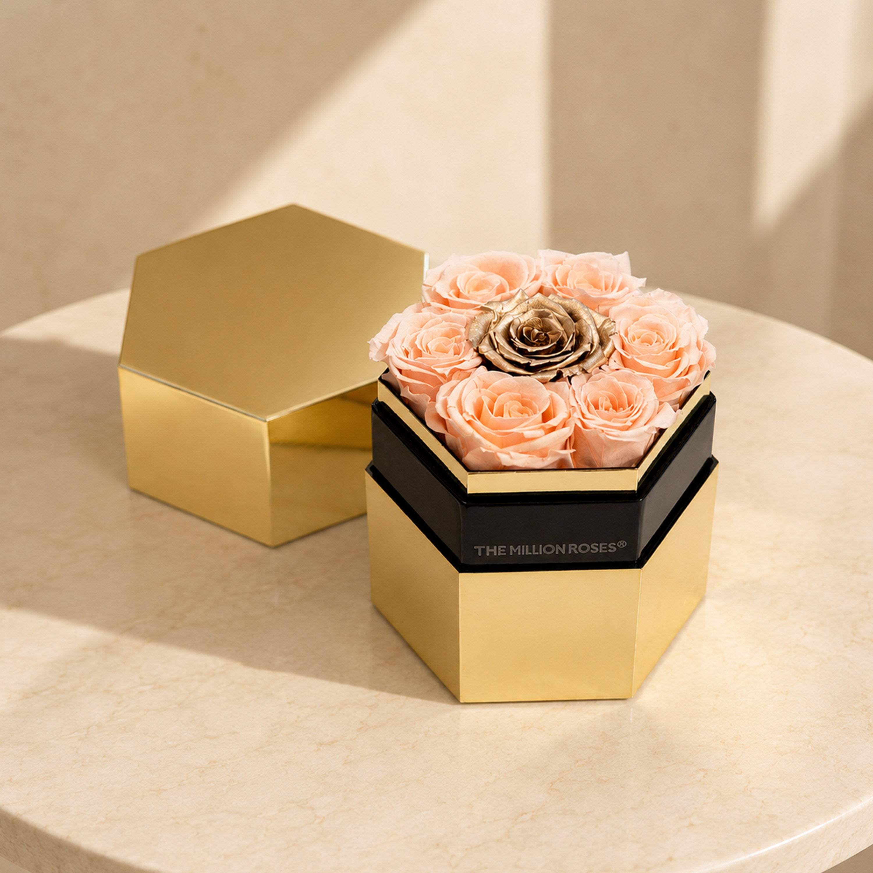 One in a Million™ Mirror Gold Hexagon Box | Peach & Gold Roses