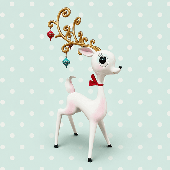 Miss Fluff 21" Retro White Miss Deer With Ornament Antlers Christmas Decor