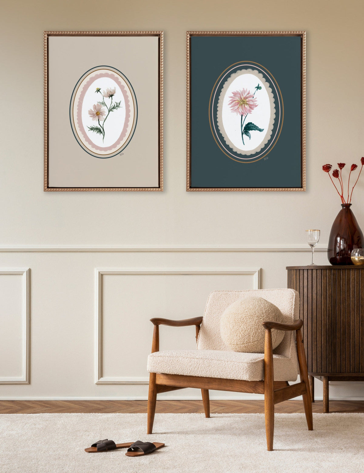 Sylvie Beaded Cosmo in Oval and Dahlia in Oval Framed Canvas Art Set by Valerie McKeehan of Lily and Val