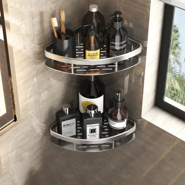 Modern black metal tiered bathroom corner shelves storage rack