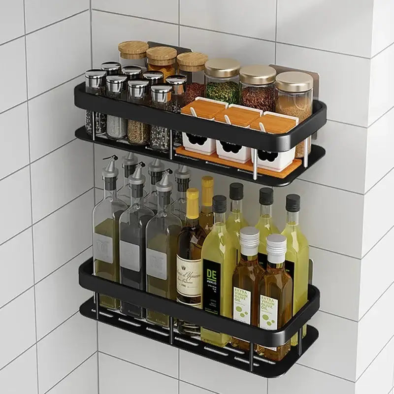 Modern black metal tiered bathroom corner shelves storage rack