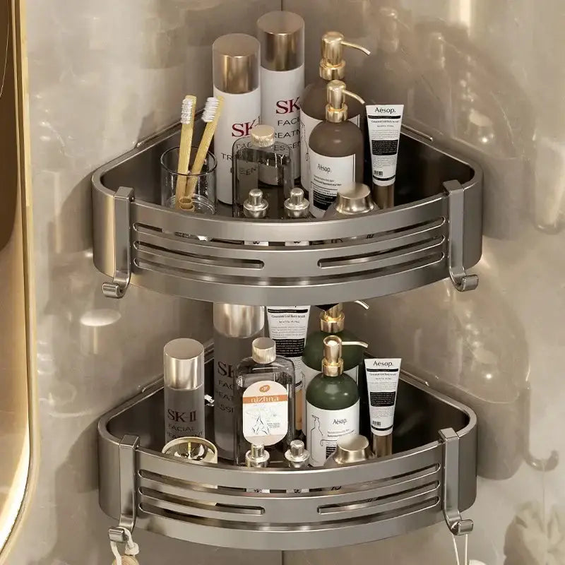 Modern silver two tier corner shelf organizer bathroom storage rack