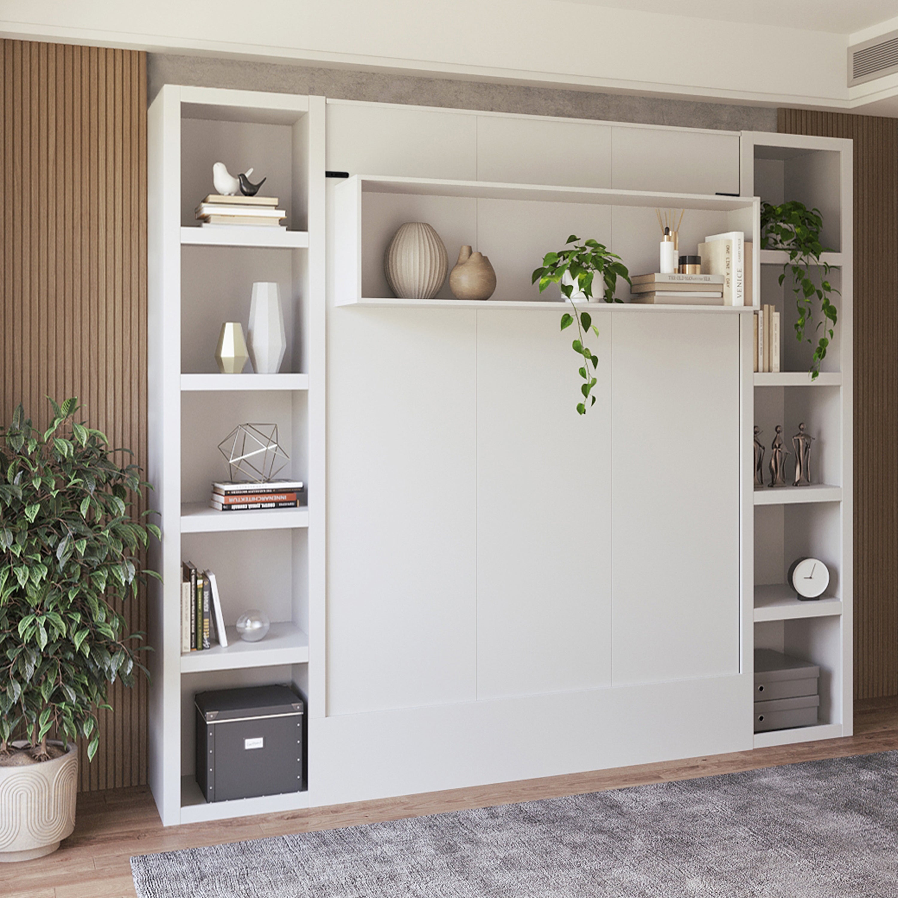 Easy-Lift Queen Murphy Wall Bed in White with Two Bookshelves