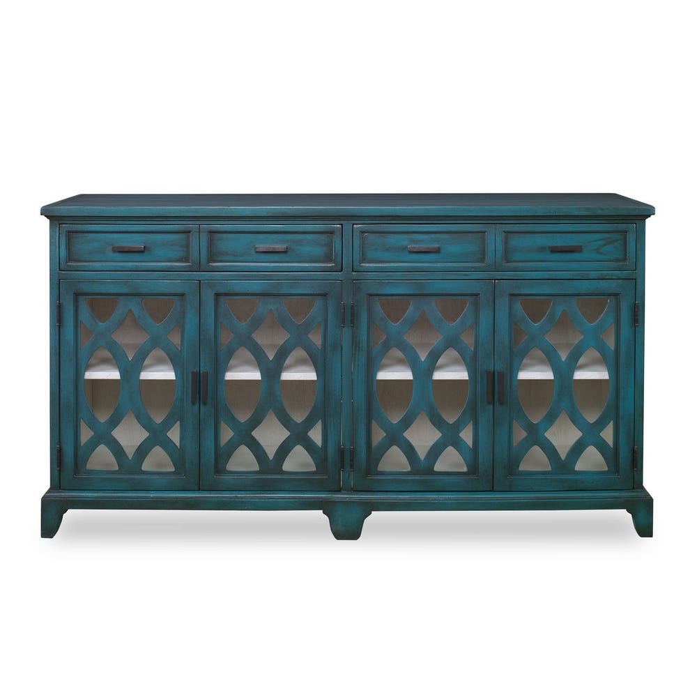 Front view of green credenza with decorative glass doors