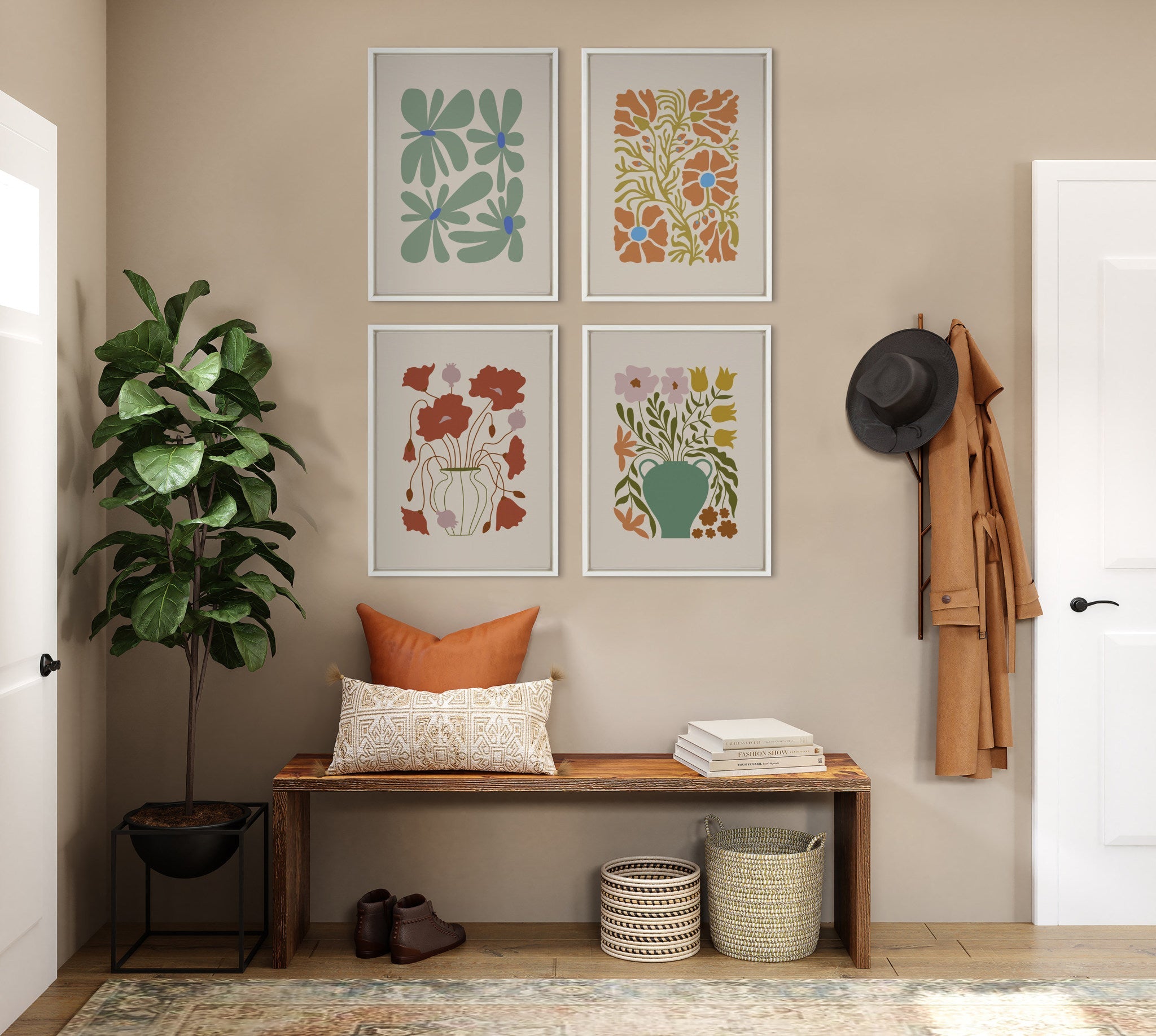 Sylvie Colorful Abstract Retro Floral Red and Pink Framed Canvas by The Creative Bunch Studio