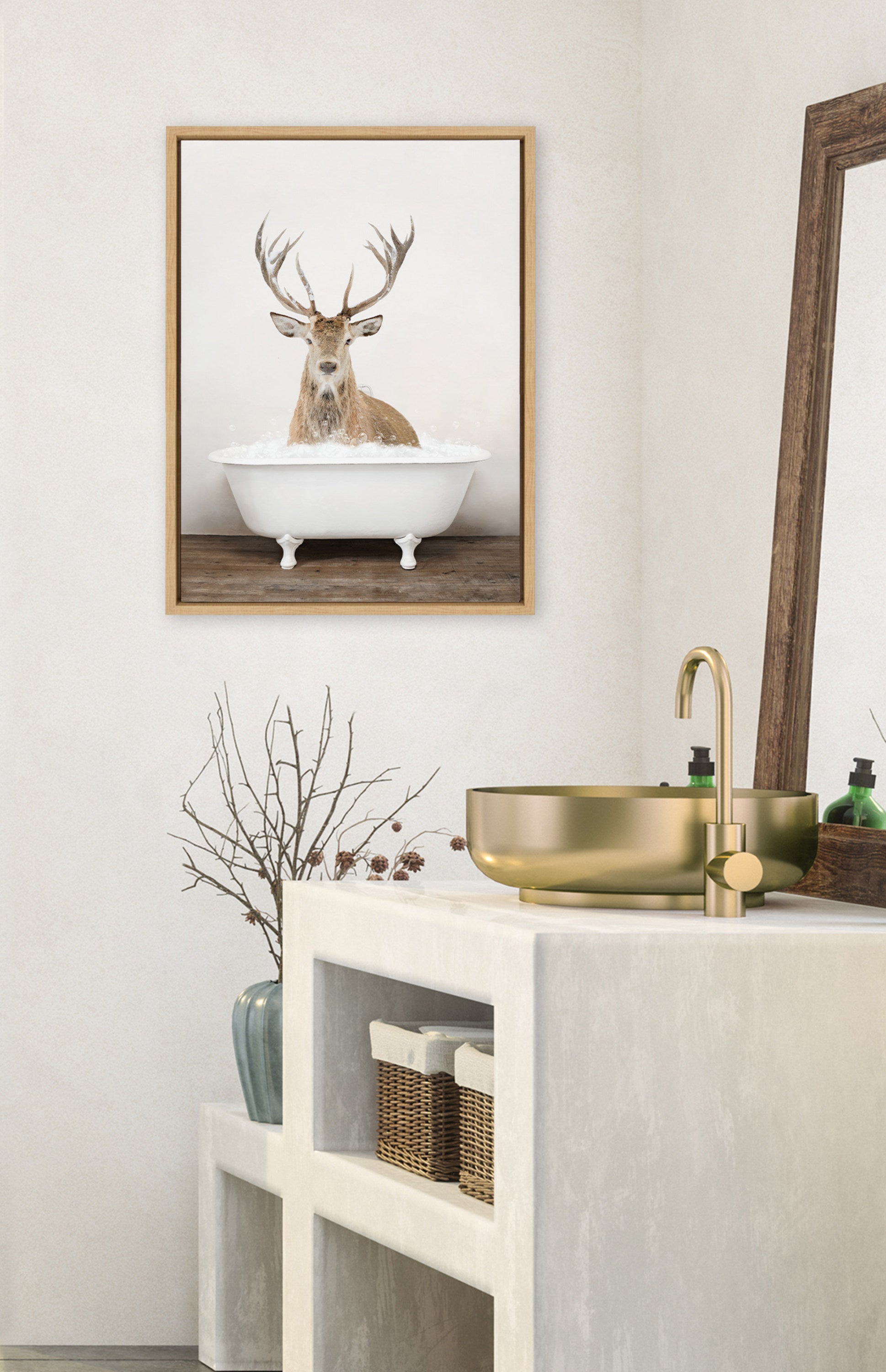 Sylvie Male Deer in Rustic Bath Framed Canvas by Amy Peterson Art Studio