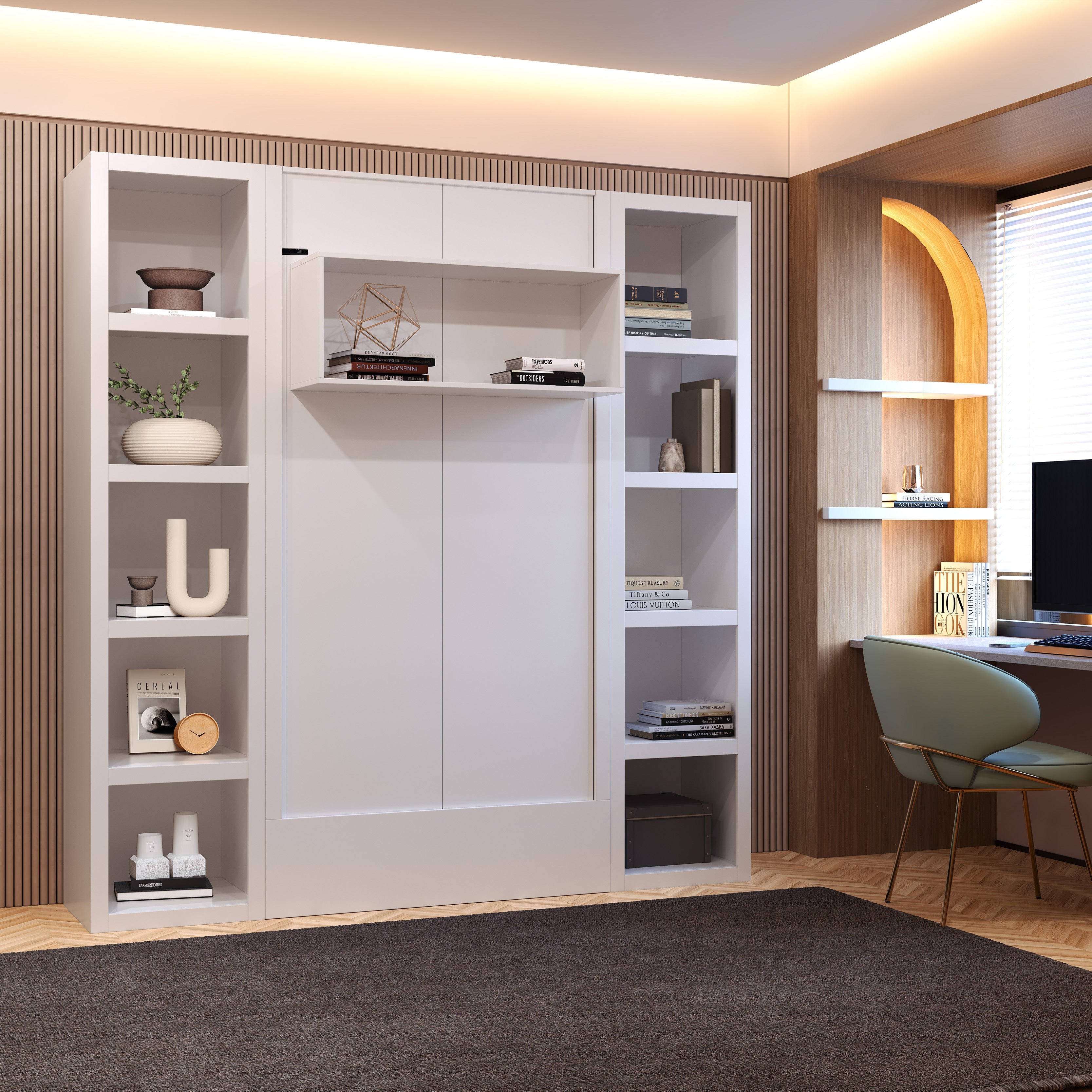 Easy-Lift Twin Murphy Wall Bed in White with Two Bookshelves