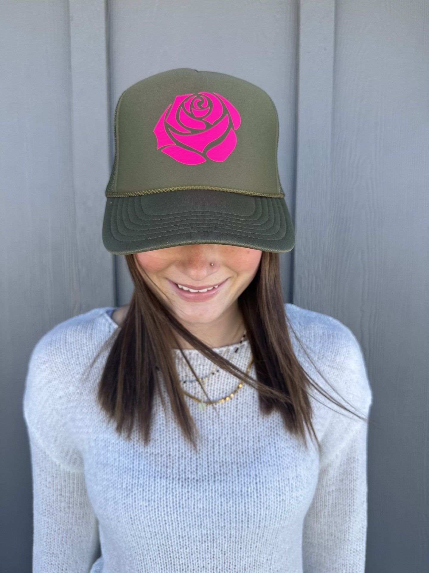 Rose image on Olive Trucker Hat