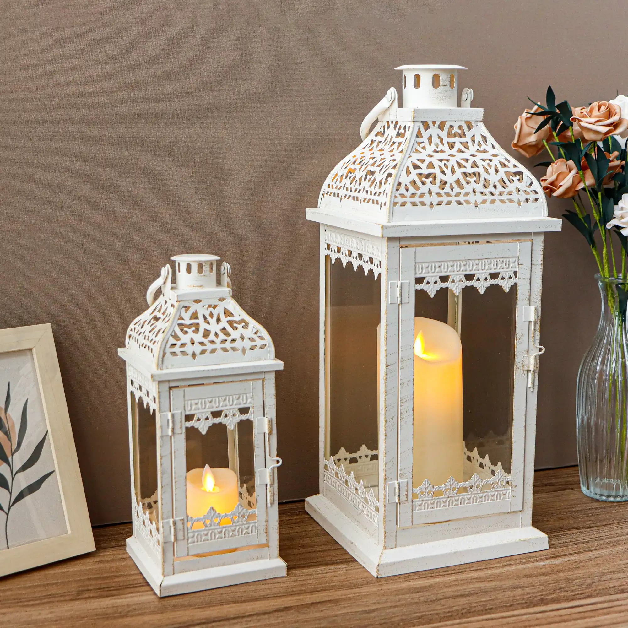 Set of 2 13''&19.5''H Candle Lanterns (Beige Gold Brush)
