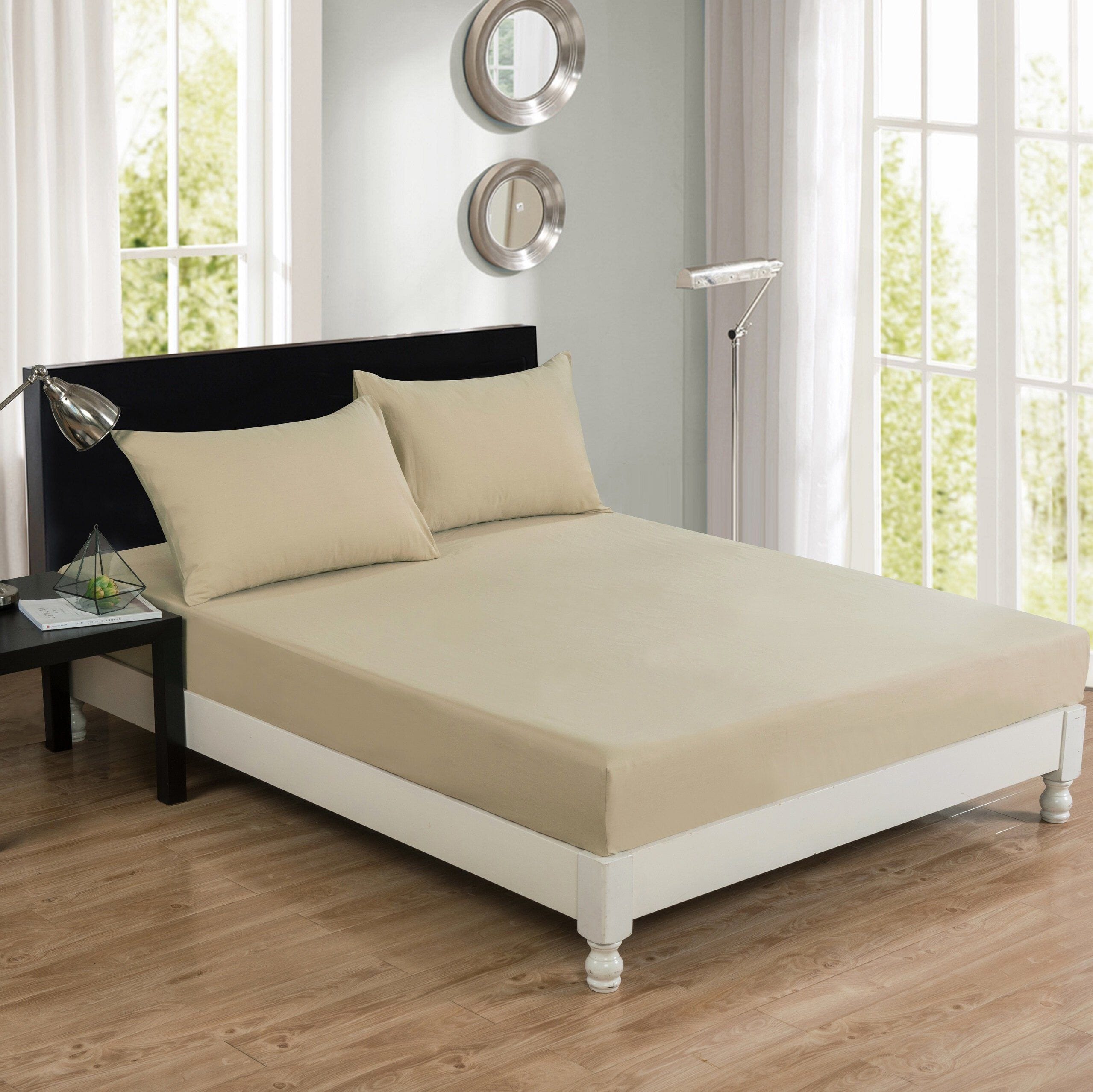 DaDa Bedding Poplin Cotton Tan Beige Fitted Sheet and Pillowcase (JHW-546)