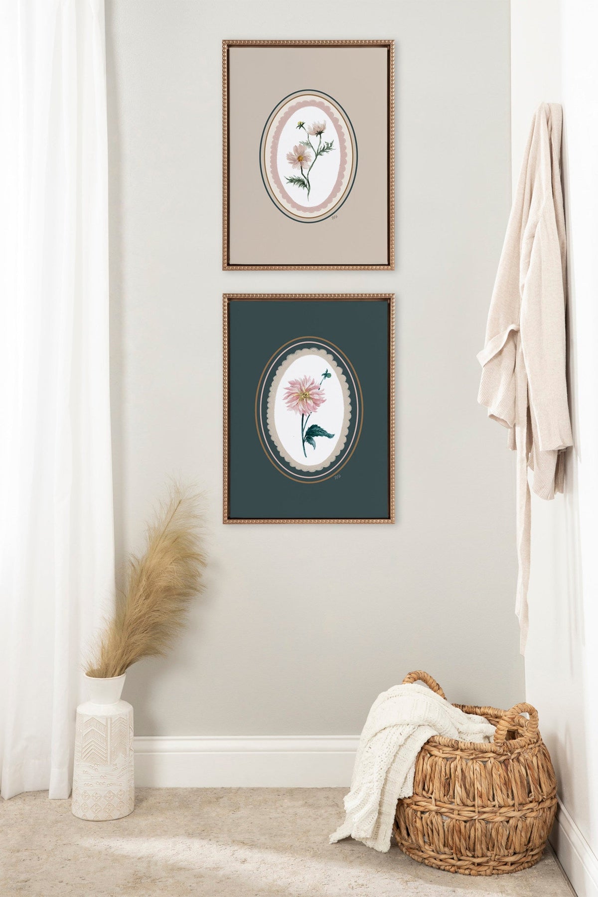 Sylvie Beaded Cosmo in Oval and Dahlia in Oval Framed Canvas Art Set by Valerie McKeehan of Lily and Val