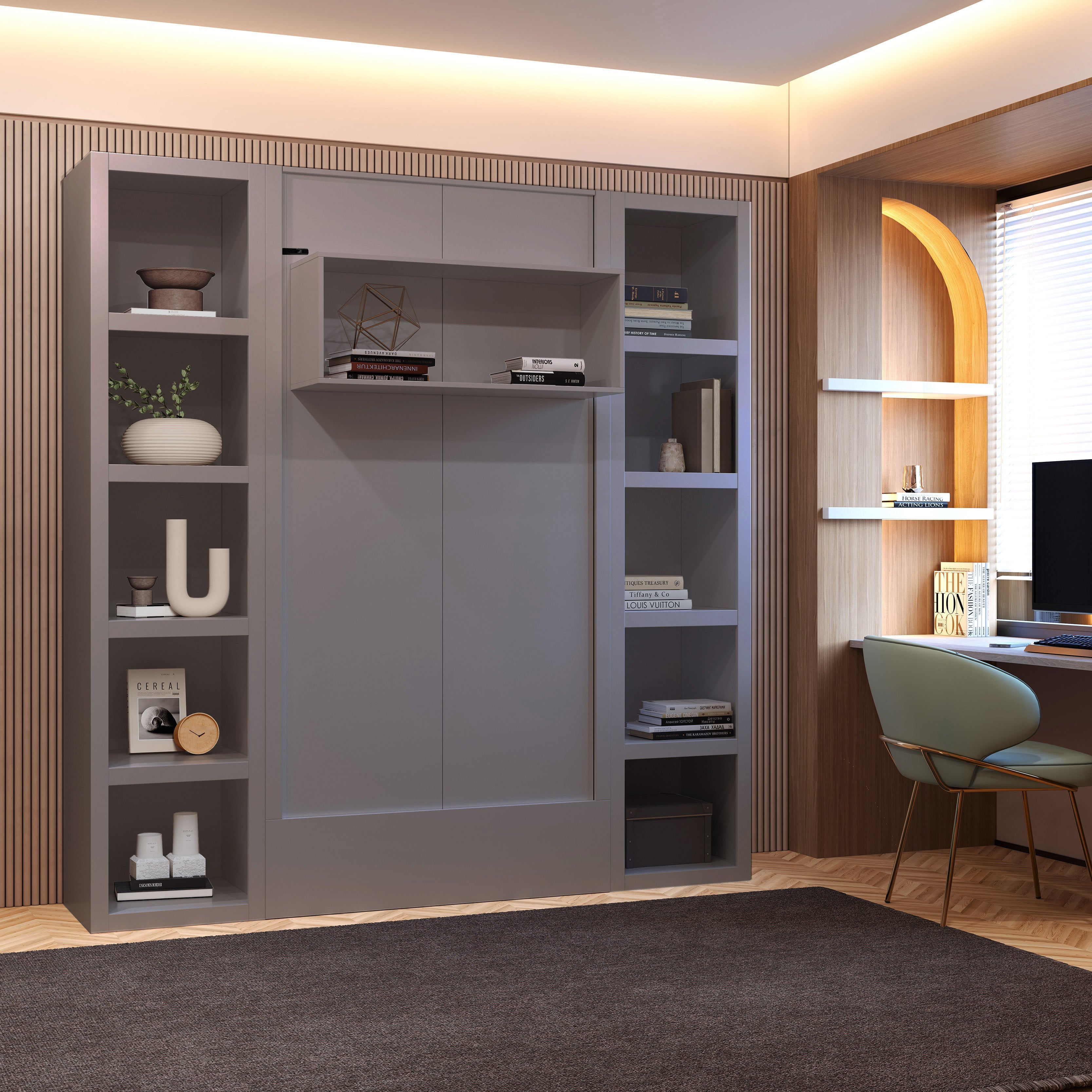 Easy-Lift Twin Murphy Wall Bed in Grey with Two Bookshelves
