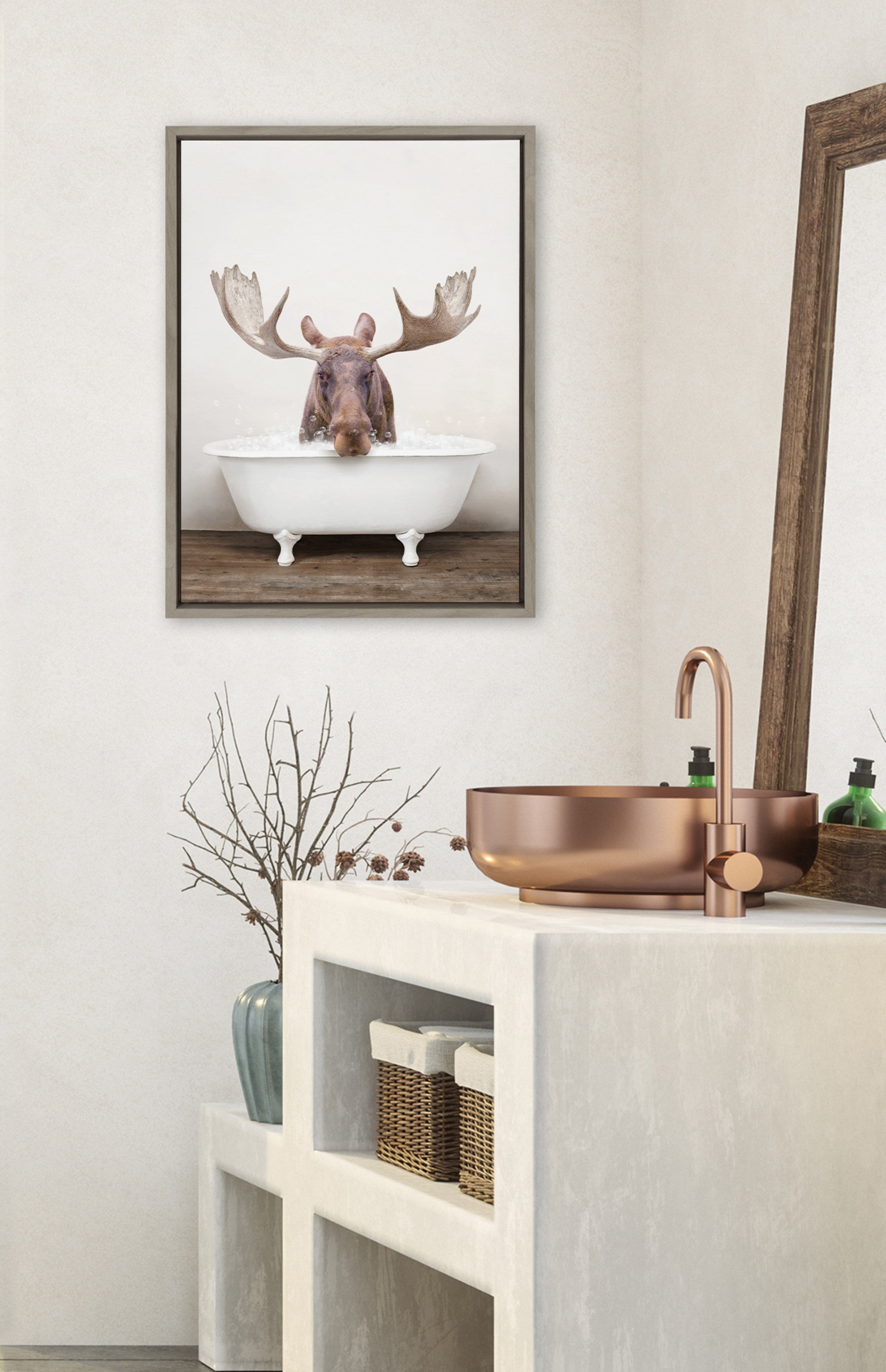 Sylvie Moose Rustic Bubble Bath Framed Canvas by Amy Peterson Art Studio