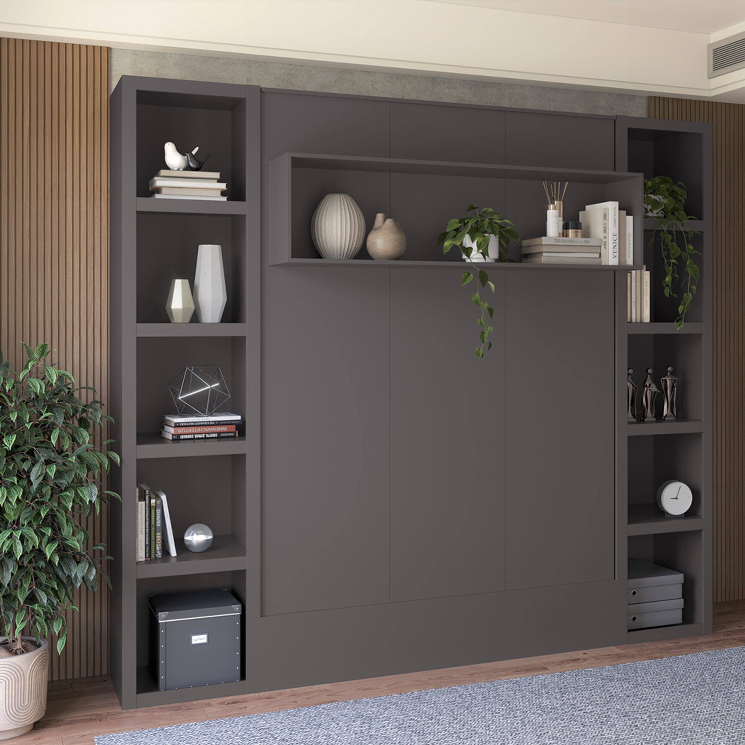 Easy-Lift Queen Murphy Wall Bed in Dark Grey with Two Bookshelves