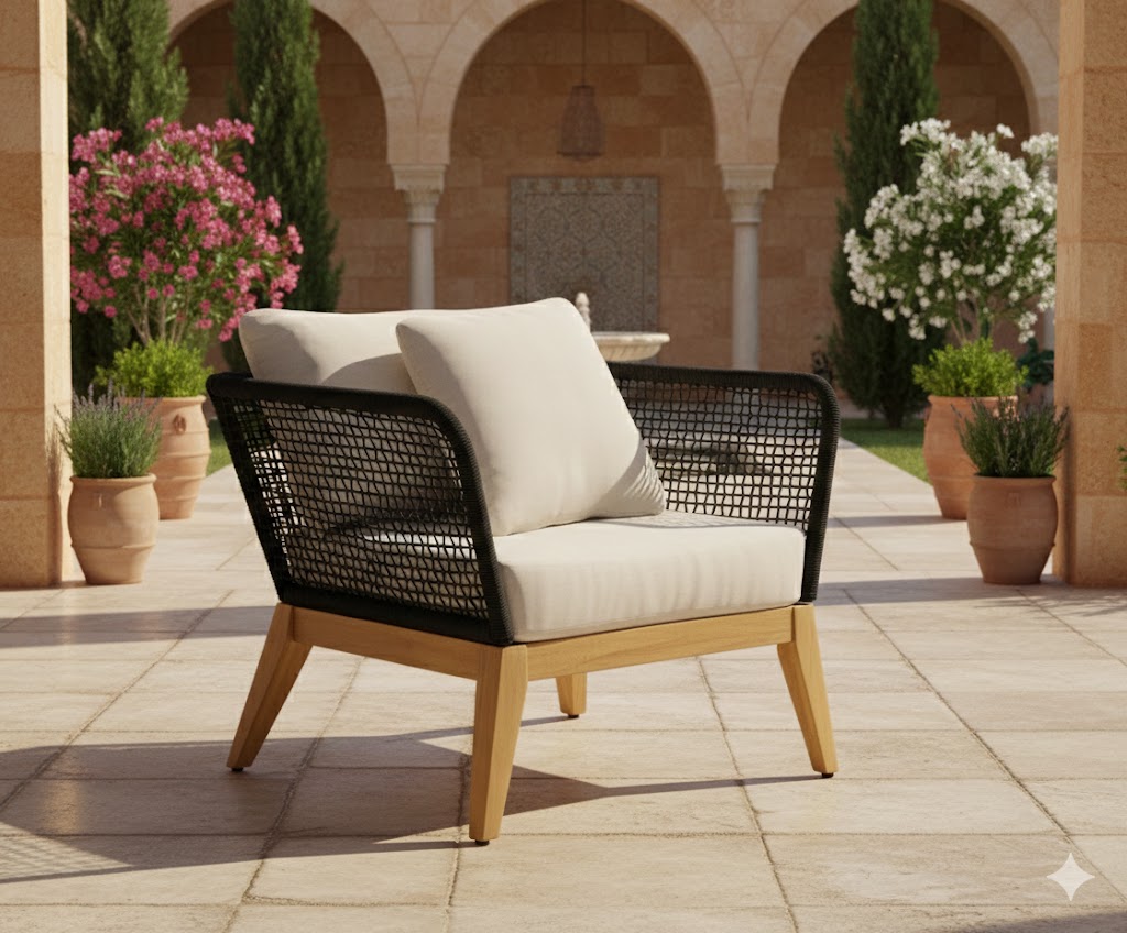 Cypress Teak Wood Outdoor Arm Chair with Black Rope Design