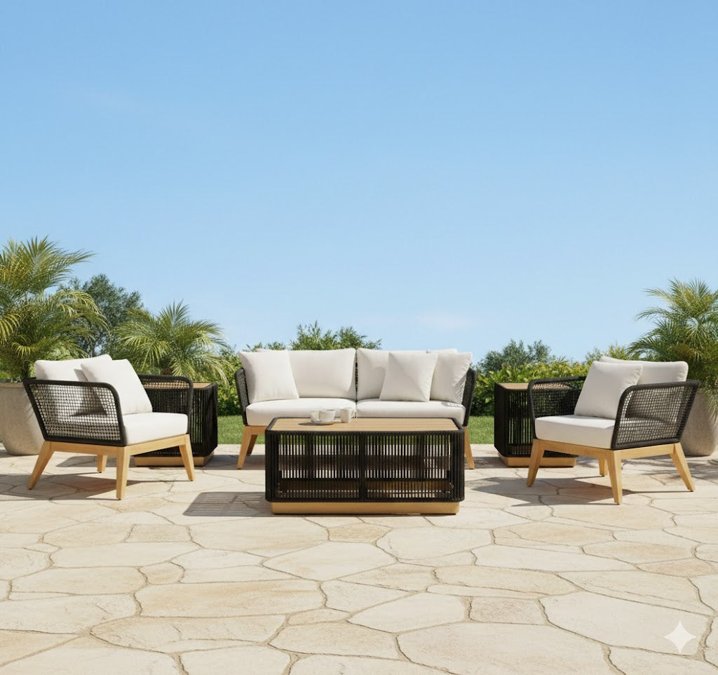 Cypress Teak Wood Sofa Set with Black Rope Design – Modern Outdoor Lounge