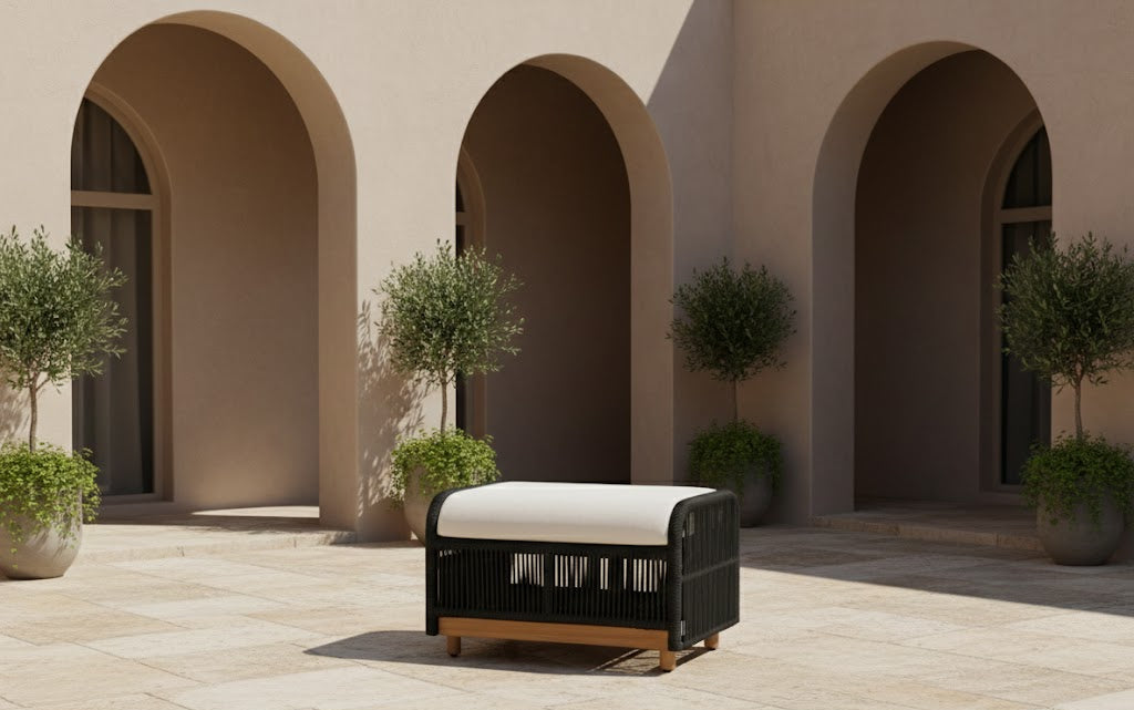 Alpine Teak Wood Outdoor Ottoman with Black - Rope Design