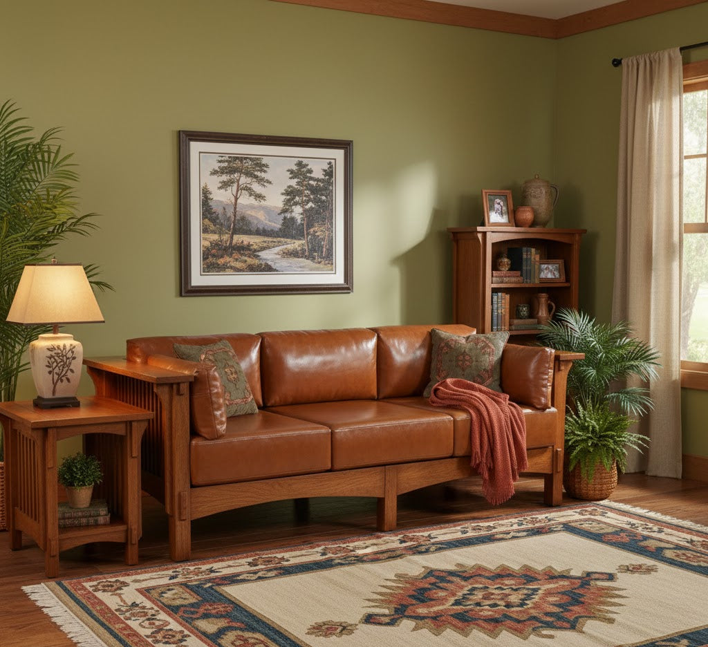 Mission Crofter Sofa - Solid Quarter Sawn Oak and Leather Cushions