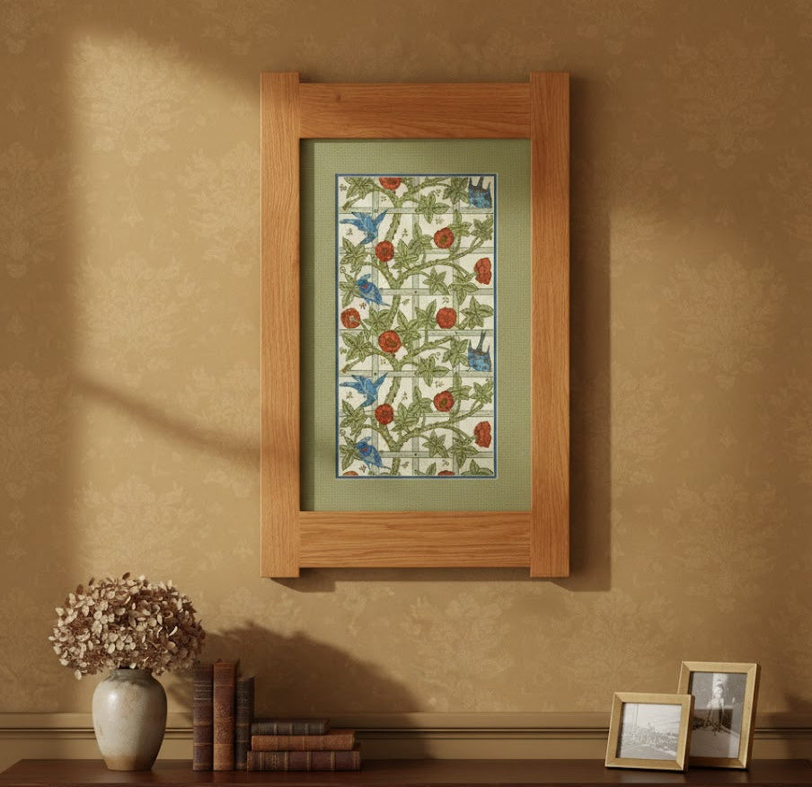Arts & Crafts Mission Oak Framed Art with Blue Birds Amongst Roses