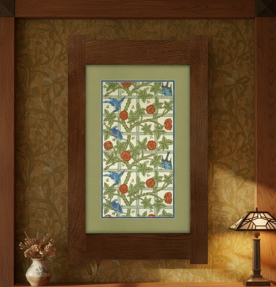 Arts & Crafts Mission Oak Framed Art with Blue Birds Amongst Roses