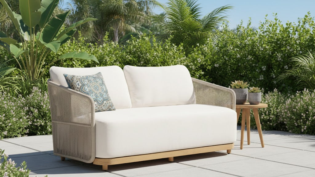 Alpine Teak Wood Outdoor Loveseat with Gray Rope Design