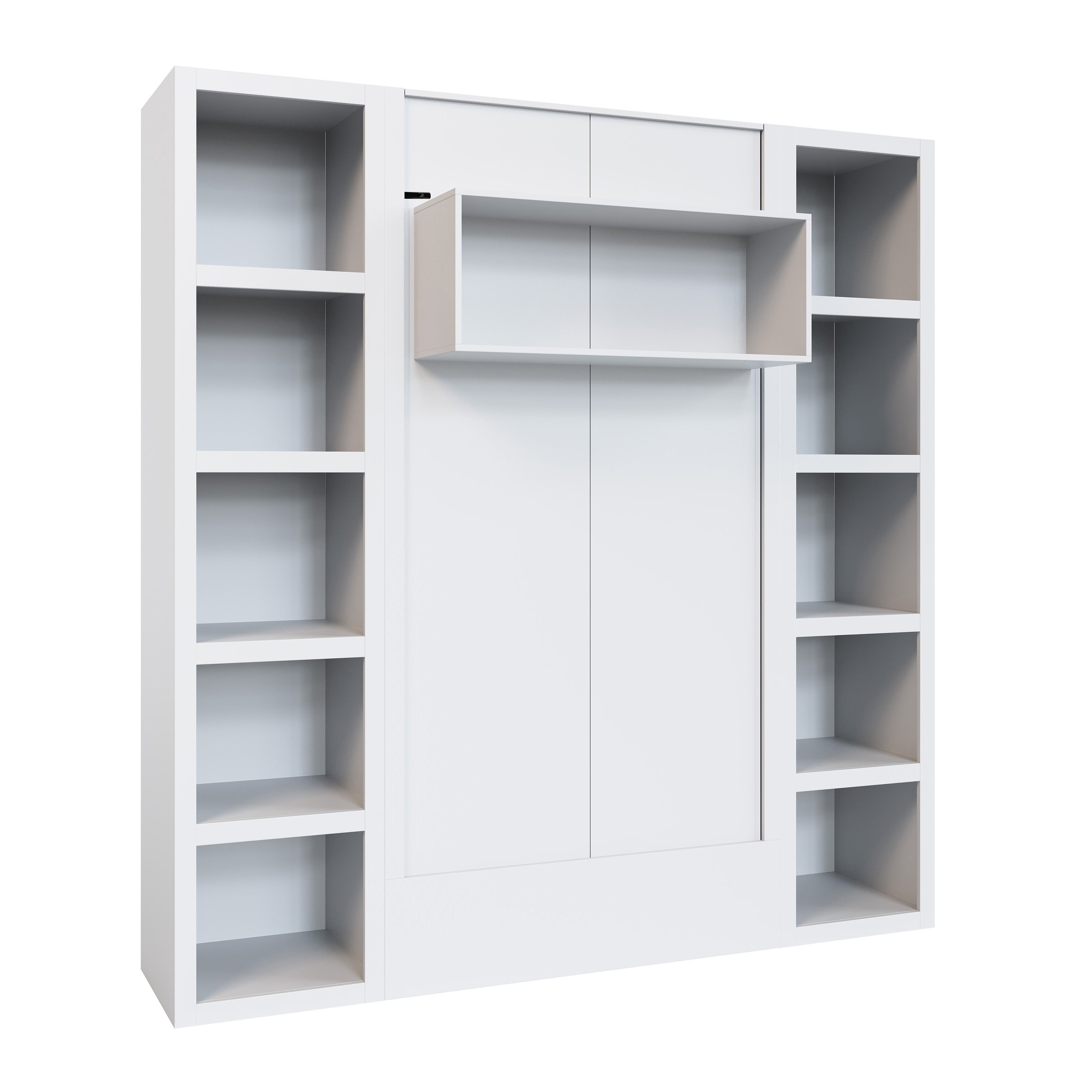 Easy-Lift Twin Murphy Wall Bed in White with Two Bookshelves