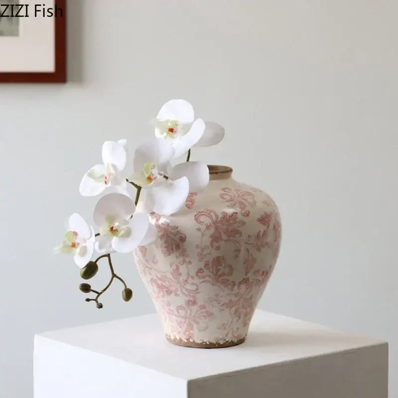 Vintage pink floral cracked texture porcelain vase living room decor
