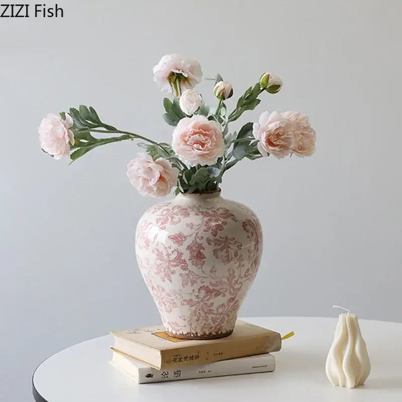 Vintage pink floral cracked texture porcelain vase living room decor