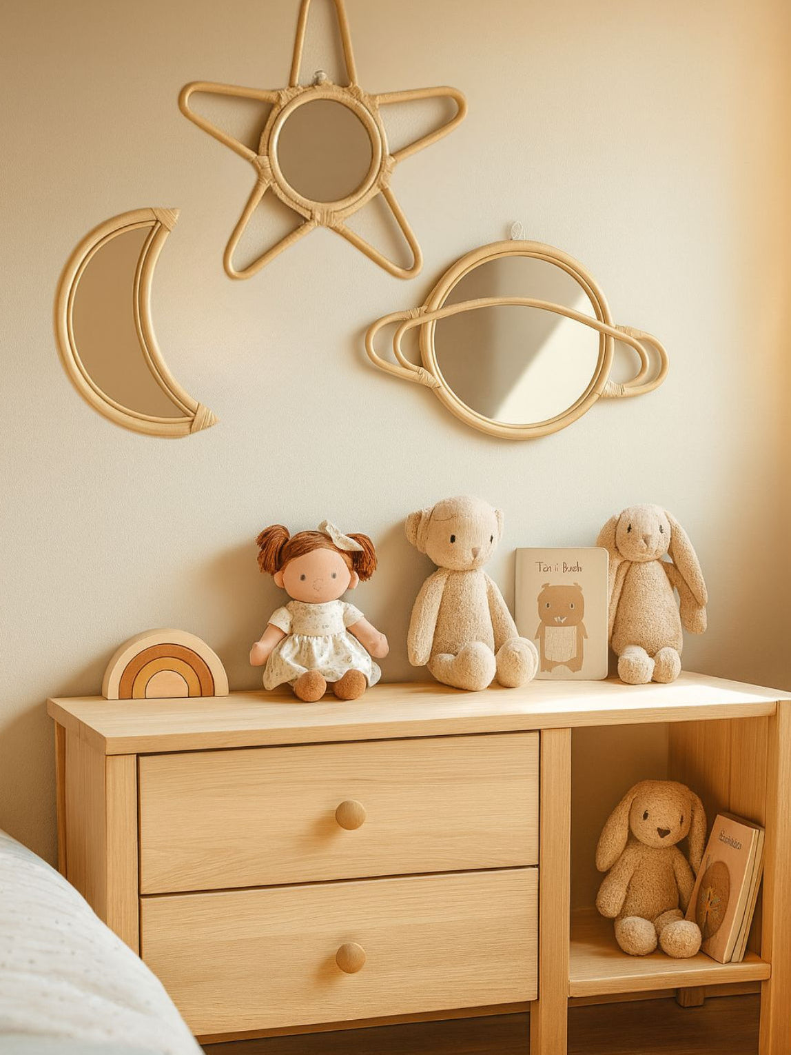 Rattan Moon Wall Mirror – Boho Space & Mystical Kids Room Decor